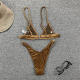 Ribbed Metallic Velvet Bikini Women Swimsuit Female Thong Swimwear Two Pieces Bikini Set High Cut Bathing Suit Swim Beachwear