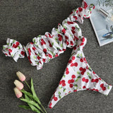 Cherry Print Off Shoulder Bikini 2025 High Cut Swimsuit Women Female Brazilian Swimwear Two pieces Bikini set Bathing Suit Swim