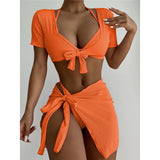 XS - L Ribbed Halter Bikini Women Swimwear Female Swimsuit Four-pieces Bikini set With Sarong Bather Bathing Suit Swim V3152B