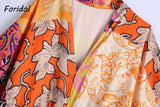 Foridol Paisley Print Batwing Sleeve Kimono Maxi Long Dress Floral Print Half Sleeve Boho Autumn Dress Orange Belt Slit Dress