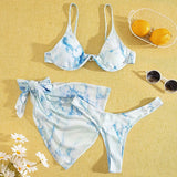 Marble Print V-Bar Underwired Bikini Women Swimsuit Female Swimwear Three-pieces Bikini Set Push Up Bathing Suit Beach Sarong