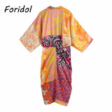 Foridol Paisley Print Batwing Sleeve Kimono Maxi Long Dress Floral Print Half Sleeve Boho Autumn Dress Orange Belt Slit Dress