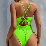 Splicing High Cut Out One Piece Swimsuit Women Tassel Swimwear Female Sexy Bathing Suit String Leopard Bikini 2025 Monokini Lady