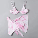 Marble Print V-Bar Underwired Bikini Women Swimsuit Female Swimwear Three-pieces Bikini Set Push Up Bathing Suit Beach Sarong