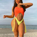 Splicing High Cut Out One Piece Swimsuit Women Tassel Swimwear Female Sexy Bathing Suit String Leopard Bikini 2025 Monokini Lady