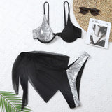 Marble Print V-Bar Underwired Bikini Women Swimsuit Female Swimwear Three-pieces Bikini Set Push Up Bathing Suit Beach Sarong
