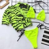 Zebra Print Mesh Short Sleeve Halter Mini Micro Bikini Female Swimsuit Women Swimwear Three-pieces Bikini set Bathing Suit Swim