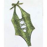 New Sexy Snake Skin Halter Monokini Women Swimwear One Piece Swimsuit Female Tummy Cut Out Bather Bathing Suit Swim Lady V3056
