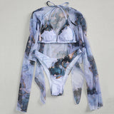 Marble Print V-Bar Underwired Bikini Women Swimsuit Female Swimwear Three-pieces Bikini Set Push Up Bathing Suit Beach Sarong