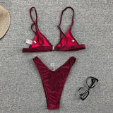 Ribbed Metallic Velvet Bikini Women Swimsuit Female Thong Swimwear Two Pieces Bikini Set High Cut Bathing Suit Swim Beachwear