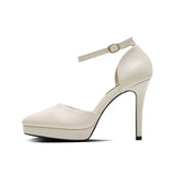 2025 Summer Brand Ankle Straps Womens Sandals 10 Cm Sexy Pointed Toe Platform Pumps Matte Leather Ladies High Heels Size 32 33