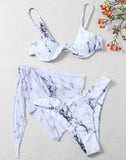 Marble Print V-Bar Underwired Bikini Women Swimsuit Female Swimwear Three-pieces Bikini Set Push Up Bathing Suit Beach Sarong