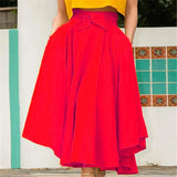 Fashion Women's Ladies Solid Color Bandage Pleated Cocktail Party High Waist  Summer A Line Skirts With Pocket