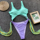 Splicing High Cut Out One Piece Swimsuit Women Tassel Swimwear Female Sexy Bathing Suit String Leopard Bikini 2025 Monokini Lady
