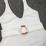 2025 White Ribbed Women Swimwear One Piece Swimsuit Female Bather Sexy High Cut Monokini Rings Belt Bathing Suit Swim Bodysuit