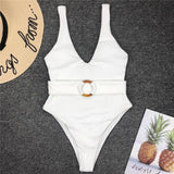2025 White Ribbed Women Swimwear One Piece Swimsuit Female Bather Sexy High Cut Monokini Rings Belt Bathing Suit Swim Bodysuit