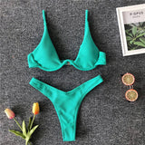 Sexy Neon V-bar Underwired Bikini 2025 Female Ribbed Swimsuit Women Thong Swimwear Two-pieces Bikini set Push up Bathing Suit