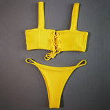 2025 Micro Bikinis Ribbed Bikini Set Women Sexy Swimsuit Mujer Bandeau Bikinis Lace Up Stylish Bathing Suit Wide Straps Swimwear