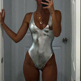 Sexy Shiny PU Leather Bikini Women 2025 Bikinis Bling Swimwear One Piece Swimsuit Female Monokini Bather Bathing Suit Swim Lady