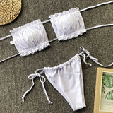 Tie Dye Pleated Ruffled Bikinis Bandeau Bikini Women Swimsuit Female Swimwear Two-pieces Bikini Set Hollow Out Bathing Suit Swim