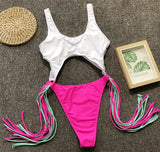 Sexy Splicing Tummy Cut Out Female Swimwear One Piece Swimsuit Women Tassel Monokini Bather String Bathing Suit Swim Bodysuit
