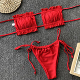 Tie Dye Pleated Ruffled Bikinis Bandeau Bikini Women Swimsuit Female Swimwear Two-pieces Bikini Set Hollow Out Bathing Suit Swim