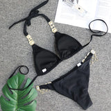 Halter Metal Chains Rhinestone Diamond Bikini Women Swimsuit Female Swimwear Two Pieces Bikini set Brazilian Bathing Suit Swim
