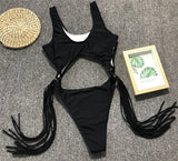 Splicing High Cut Out One Piece Swimsuit Women Tassel Swimwear Female Sexy Bathing Suit String Leopard Bikini 2025 Monokini Lady