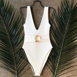 2025 White Ribbed Women Swimwear One Piece Swimsuit Female Bather Sexy High Cut Monokini Rings Belt Bathing Suit Swim Bodysuit