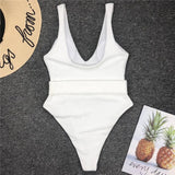 2025 White Ribbed Women Swimwear One Piece Swimsuit Female Bather Sexy High Cut Monokini Rings Belt Bathing Suit Swim Bodysuit