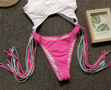 Sexy Splicing Tummy Cut Out Female Swimwear One Piece Swimsuit Women Tassel Monokini Bather String Bathing Suit Swim Bodysuit