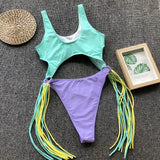 Sexy Splicing Tummy Cut Out Female Swimwear One Piece Swimsuit Women Tassel Monokini Bather String Bathing Suit Swim Bodysuit