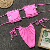 Tie Dye Pleated Ruffled Bikinis Bandeau Bikini Women Swimsuit Female Swimwear Two-pieces Bikini Set Hollow Out Bathing Suit Swim