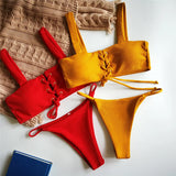 2025 Micro Bikinis Ribbed Bikini Set Women Sexy Swimsuit Mujer Bandeau Bikinis Lace Up Stylish Bathing Suit Wide Straps Swimwear