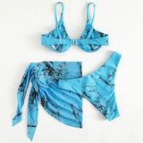 Marble Print V-Bar Underwired Bikini Women Swimsuit Female Swimwear Three-pieces Bikini Set Push Up Bathing Suit Beach Sarong