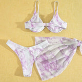 Marble Print V-Bar Underwired Bikini Women Swimsuit Female Swimwear Three-pieces Bikini Set Push Up Bathing Suit Beach Sarong