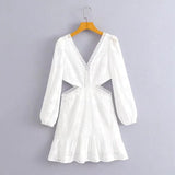 Foridol Waist Hollow Out V Neck Backless White Lace Party Dress Christmas Vestido Robe Ruffled Cotton Long Sleeve Autumn Dress
