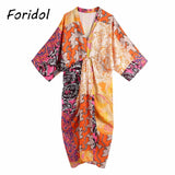 Foridol Paisley Print Batwing Sleeve Kimono Maxi Long Dress Floral Print Half Sleeve Boho Autumn Dress Orange Belt Slit Dress