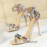 BIGTREE Shoes Color Rivets Women Sandals Roman Style Heeled Sandals Hollow Out High Heels Stiletto Sexy Party Shoes Sandals