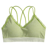 Gingham Lace Cross-Back Bralette Wireless Wrap Bra Sexy Lingerie Stretchy Beauty Cross Back Underwear Plaid Lace Trim Tube Bra
