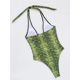 New Sexy Snake Skin Halter Monokini Women Swimwear One Piece Swimsuit Female Tummy Cut Out Bather Bathing Suit Swim Lady V3056
