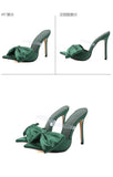 2025 Silk Butterfly Knot Women PVC Slippers Mule 11cm High Heels Slippers Luxury Sandals Pointed Toe Strappy Slides Party Shoes
