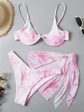 Marble Print V-Bar Underwired Bikini Women Swimsuit Female Swimwear Three-pieces Bikini Set Push Up Bathing Suit Beach Sarong