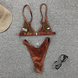 Ribbed Metallic Velvet Bikini Women Swimsuit Female Thong Swimwear Two Pieces Bikini Set High Cut Bathing Suit Swim Beachwear