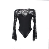 Bodysuits Women Top Fashion V Neck Lace Skinny Lingerie Leotard Black Mesh Salopette Teddy Femme Horn Sleeves Rompers Jumpsuits