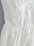 Foridol White Lace Sleeveless Summer Dress Women Hollow Out Embriodery Sundress Casual Button Beach Boho Vintage Short Dress