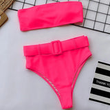 Neon Green Bandeau Swimsuit High Waist Bikini 2025 Women Swimwear Female Two pieces Bikini set Buckle Waistband bathing suit