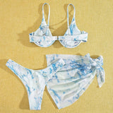 Marble Print V-Bar Underwired Bikini Women Swimsuit Female Swimwear Three-pieces Bikini Set Push Up Bathing Suit Beach Sarong