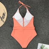 2025 Sexy Lace Up Halter Female Swimwear One Piece Swimsuit Women Backless Monokini with Waist Belt Bathing Suit Swim Bodysuit