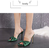 2025 Silk Butterfly Knot Women PVC Slippers Mule 11cm High Heels Slippers Luxury Sandals Pointed Toe Strappy Slides Party Shoes
